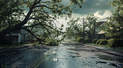 Detailed depiction of a storm aftermath on a suburban street, with uprooted trees and scattered debris, reflecting ruin and calmness.