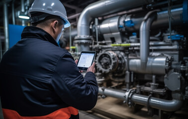 An engineer inspects of water supply systems, gas supply, equipment. Safety industry worker checks machinery and construction