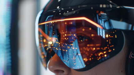 A close-up view of a high-tech visor with orange-tinted digital interfaces reflecting detailed lights and data, embodying the essence of futuristic augmented reality.
