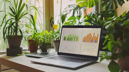 A laptop displaying colorful graphs and data analysis sits on a desk surrounded by lush indoor plants, merging technology with nature in a bright workspace.