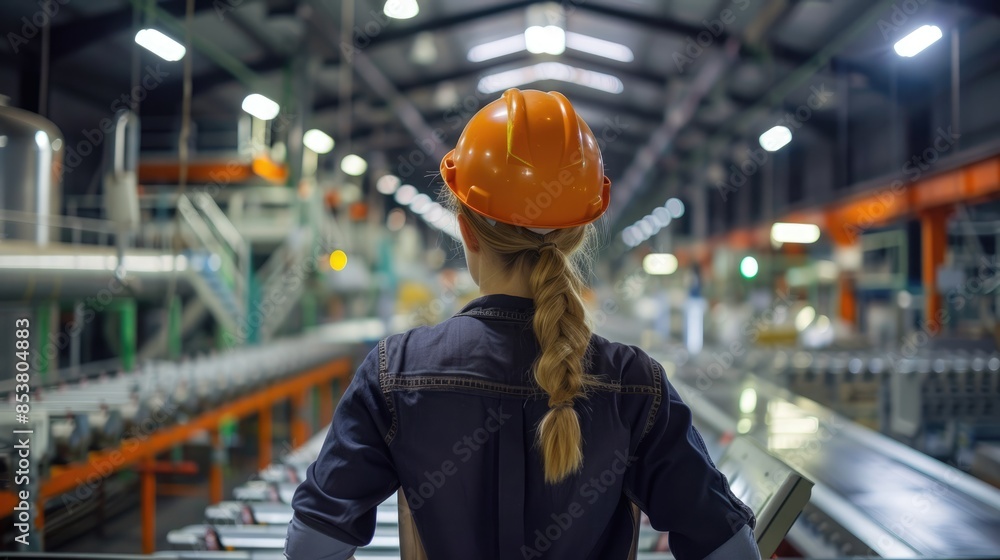 Poster smart civil engineer with safety helmet looking at production line while standing in front of factor