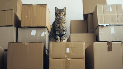 Fototapeta premium A cat perched on top of a tall stack of cardboard boxes, surveying its surroundings with a playful expression.