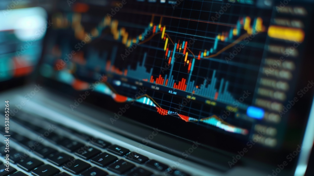 Aufkleber a close-up of a laptop screen displaying a stock market graph with fluctuating prices and trading vo