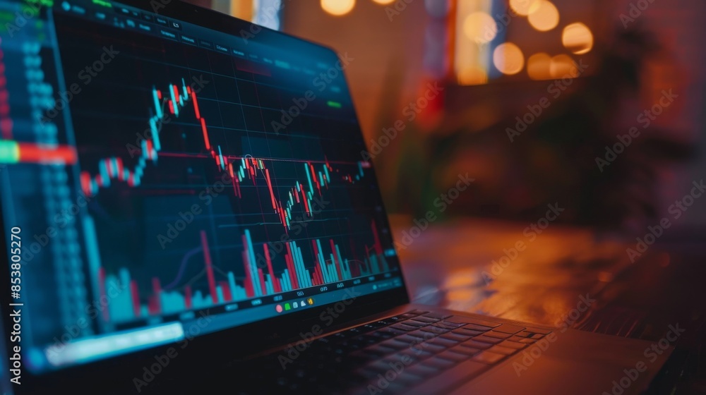 Aufkleber a close-up of a laptop screen displaying a stock market graph with fluctuating prices and trading vo