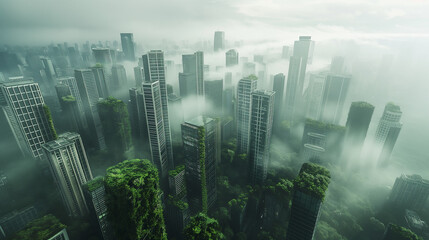 Futuristic Foggy Cityscape with Green Skyscrapers and Vertical Gardens. Generative AI