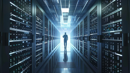 Obraz premium Male technician walking through a neon-lit server room hallway.