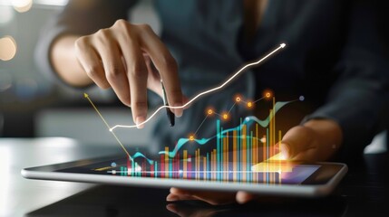 A CEO analyzing a business growth graph on a tablet, with revenue projections and market expansion strategies.
