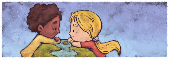 Niño y niña apoyados el planeta tierra © cirodelia