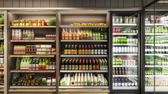 A well-lit supermarket aisle brimming with a wide array of fresh produce, dairy products, beverages, and pantry items, offering diverse options to shoppers.