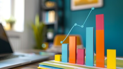 A colorful bar chart showing sales performance over quarters, with ascending bars and percentage values.