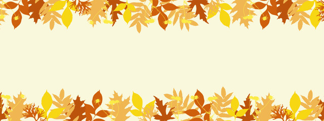 Autumn orange red banner background horizontal with bright leaves and branches. Blank space for insertion. Vector illustration