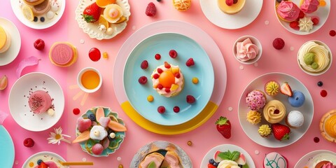 Colorful and creative pastries and desserts are arranged on a pink background. The photo is taken from a top-down perspective.