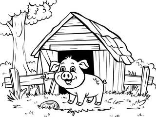 Children picture, coloring book. Barn in an agricultural yard with a pig. Generative ai vector.