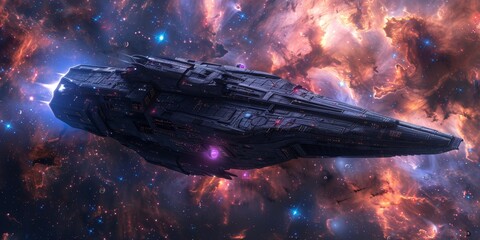 Spaceship flies in a beautiful nebula.
