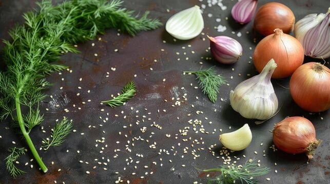 A variety of onions, garlic, herbs, and spices tastefully arranged on a dark, textured cooking surface
