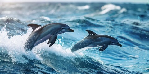 Fototapeta premium Two dolphins jumping out of the water.