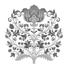 Mughal Art is a traditional bunch flower of floral ornaments. A monochrome motif on a light background, isolated element. Fantasy traditional bouquet.