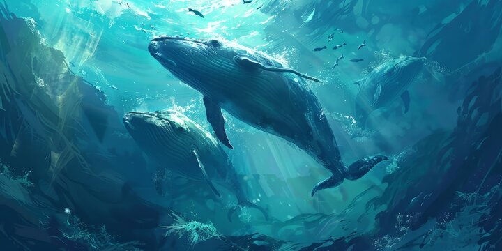Underwater scene with two whales.
