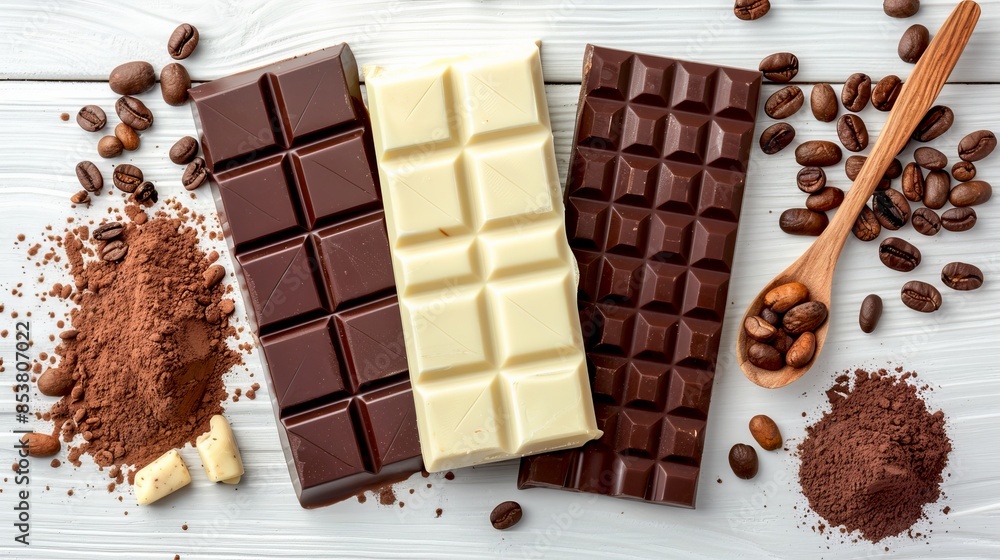 Sticker Three chocolate bars on a white wooden table with cocoa powder and coffee beans. Perfect for food blogs, recipe sites, and culinary magazines. Delicious and tempting dessert concept. AI