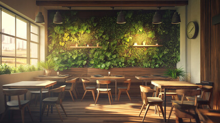 Cozy Cafe Interior with Vertical Garden and Wooden Decor. Generative AI