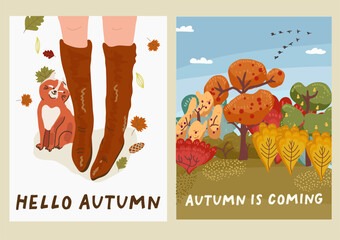 A set of fall vertical illustrations about fall with people and nature. Hand drawing vector.
