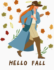 Autumn, Thanksgiving banner with women, girls, people and nature. Vector hand drawn arts and textures. Vector design template.