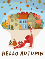 Autumn vertical postcard with cute ginger cat in spots stretching on European village background, cute houses, forest, autumn trees. Vector design, illustration for postcard, poster, flyer.