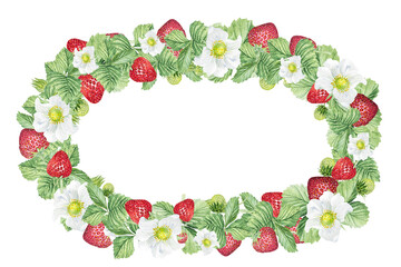 Watercolor frame of white flowers and strawberries. Beautiful frame with strawberry flowers, strawberries, leaves, hand drawn.