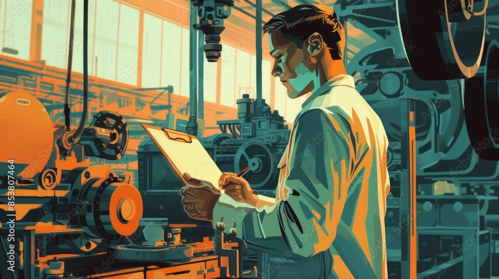 Poster smart engineer checking iron machine in factory while wearing safety helmet. professional industrial