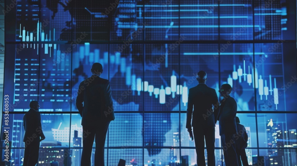 Poster a group of economists analyzing economic indicators and gdp growth projections on a digital screen w