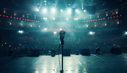 Microphone standing alone, view from scene to dark auditorium