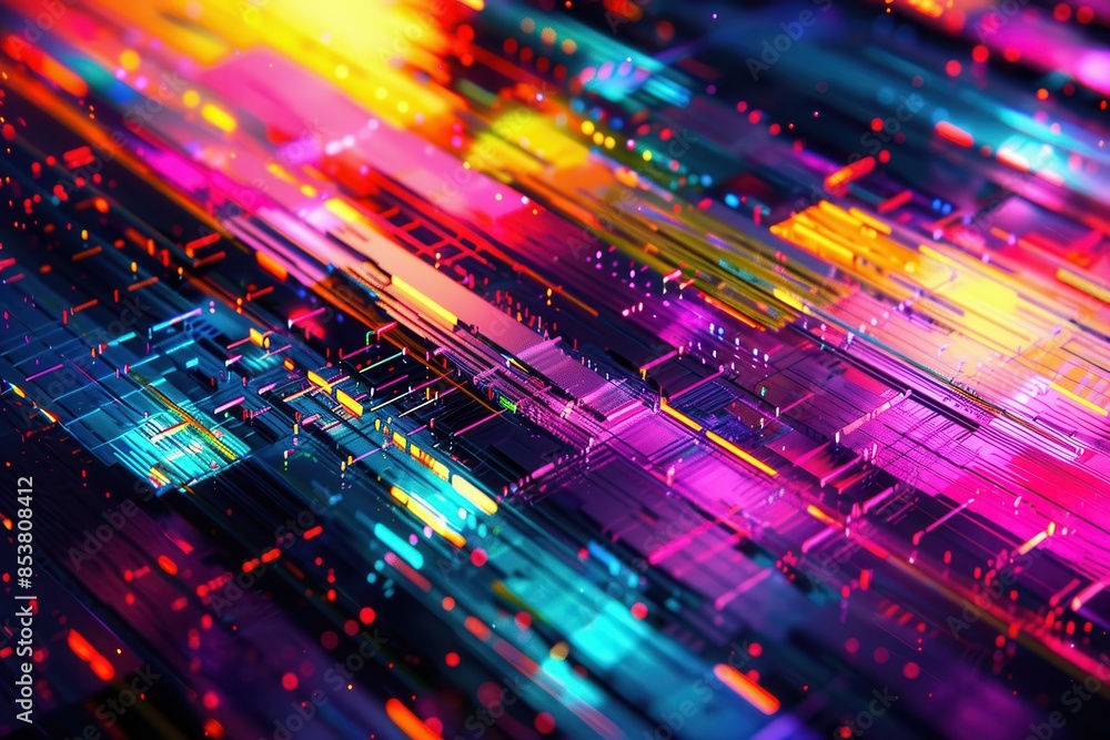 Poster vibrant and colorful abstract digital art depicting dynamic, flowing lines and bright geometric patt