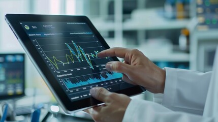 A healthcare administrator analyzing hospital performance metrics on a digital tablet, with line graphs and patient satisfaction scores displayed.