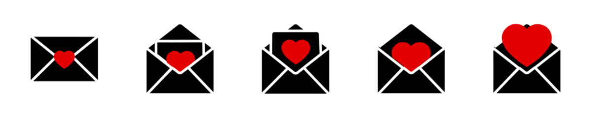 Black love leaf. Black vector illustrations on the theme Set of vector pictograms of an e-mail love envelope. Icon of a black postal envelope with a love letter.