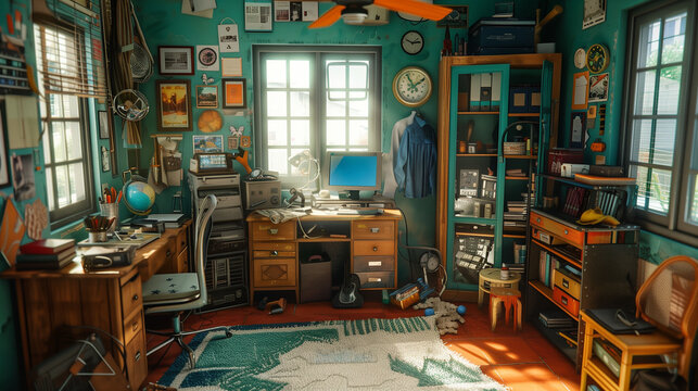 a room in which creative chaos reigns with many different things
