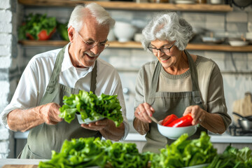 an elderly couple preparing salad in their bright, modern kitchen with white walls and wooden floors