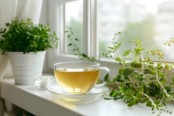 a cup of of green tea near the windowsill with potted herbs