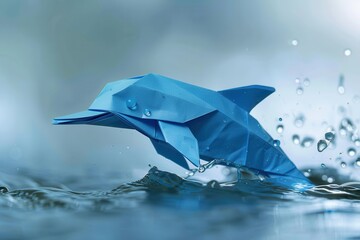 Origami dolphin jumping out of water, showcasing the art of paper folding with a realistic background. Perfect for creative and artistic themes.
