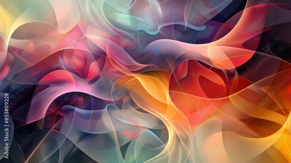 Poster a vibrant abstract digital art piece featuring a blend of colorful, flowing shapes and smooth, dream