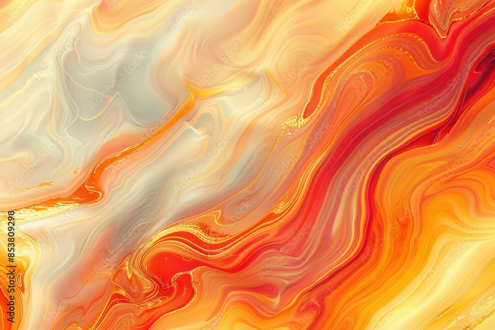 Poster abstract fluid art painting with vibrant orange, red, and yellow swirls blending seamlessly, creatin