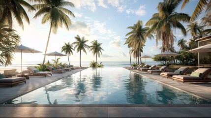 Fototapeta premium A luxurious resort pool surrounded by palm trees, with comfortable lounge chairs and a view of the ocean.