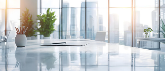 Fototapeta premium A modern office with floor-to-ceiling windows offers views of the city.