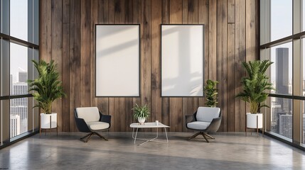 A modern office lounge with chairs and tables, featuring blank posters on wooden walls, set in a high-rise building with a city view.