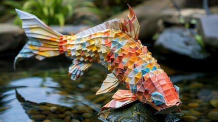 Obraz premium Colorful origami fish sculpture displayed outdoors, reflecting on water surface, showcasing intricate paper folding art and vibrant design.