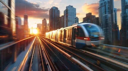 Obraz premium A modern skytrain speeding through an urban landscape with skyscrapers in the background during sunset