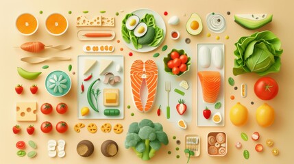 A nutrition infographic depicting healthy food choices with calorie counts, nutrient information, and portion sizes.