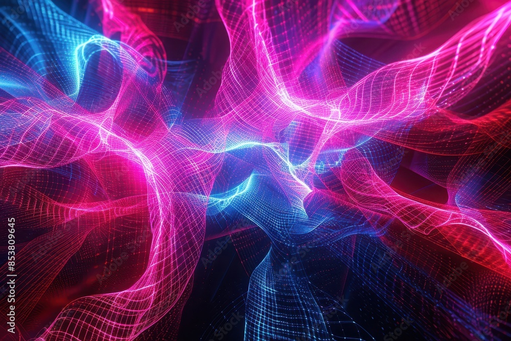 Poster vibrant and colorful abstract light trails and waves forming dynamic patterns in shades of blue and 