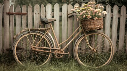 A vintage bicycle leaning against a rustic fence, with a basket full of fresh flowers.