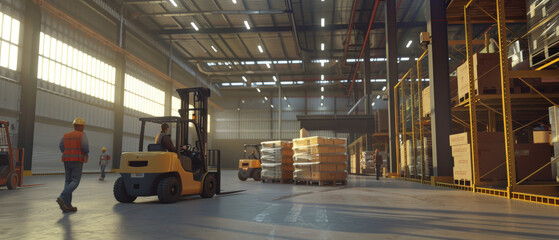Workers navigate a bustling warehouse, with forklifts moving wooden pallets under broad overhead lights, capturing the hustle of industrial life.