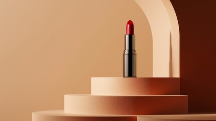 Red lipstick on a minimalist beige podium, representing beauty products.